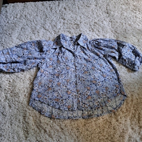 Free People Floral Button Down Blouse Blue Puff Sleeve Pleated Boho Top - Picture 3 of 12